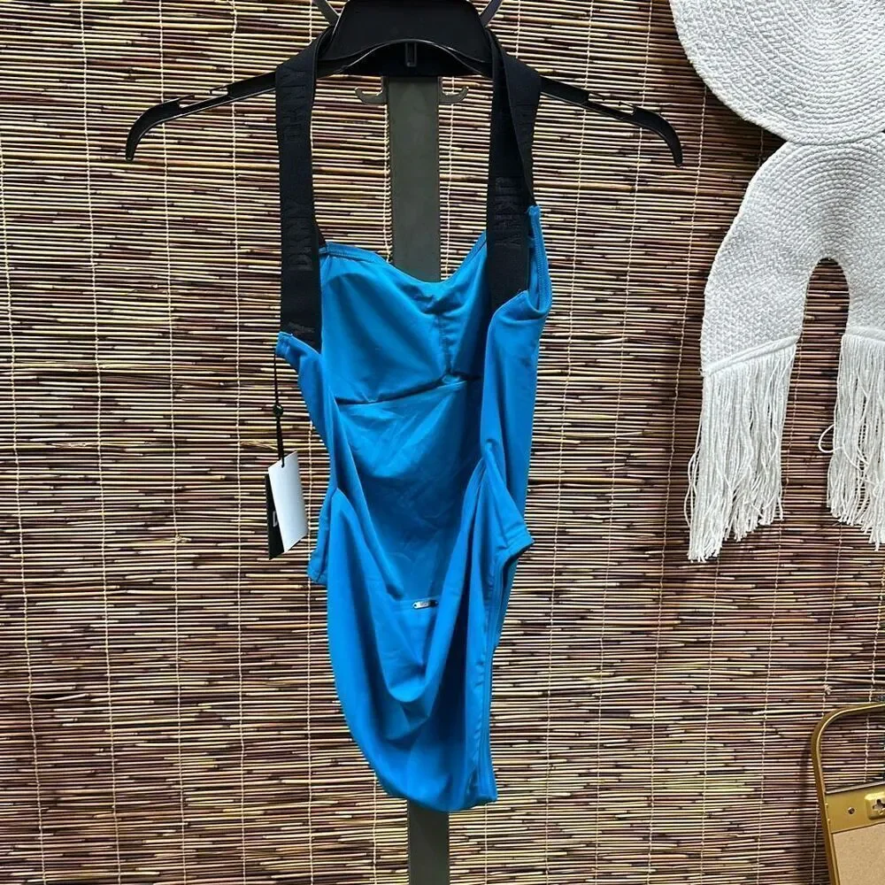 DKNY MOIRE FLORAL BLUE MULTI Ruffle Tummy-Control One-Piece Swimsuit US 14 - Picture 3 of 3